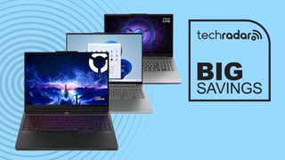 Several Lenovo laptops lined up on a blue background