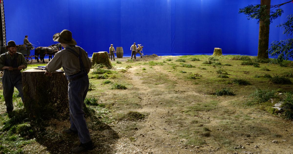 Making the VFX of Here; a scene is designed and rendered of a house in a wood, the trees are cut down