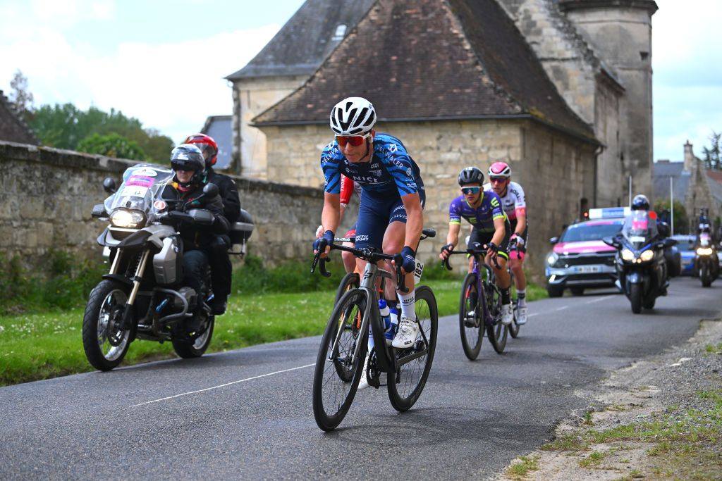 LAON FRANCE MAY 17 LR Damien Girard of France and Team Nice Mtropole Logan Currie of New Zealand and Team Bolton Equities Black Spoke and Samuel Leroux of France and Team Go SportRoubaix compete in the breakaway during the the 67th 4 Jours de Dunkerque Grand Prix des Hauts de France 2023 Stage 2 a 1699km at stage from Compigne to Laon on May 17 2023 in Laon France Photo by Luc ClaessenGetty Images