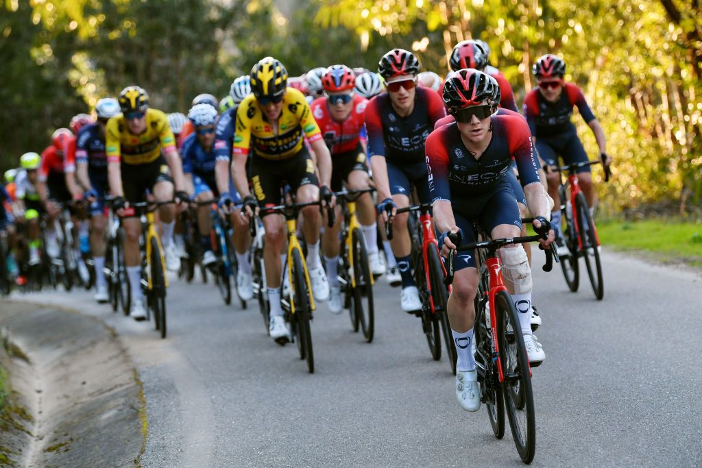 MONCHIQUE PORTUGAL FEBRUARY 17 Ben Tulett of United Kingdom and Team INEOS Grenadiers leads The Peloton during the 48th Volta Ao Algarve 2022 Stage 2 a 1824km stage from Albufeira to Alto Da Foia Monchique 890m VAlgarve2022 on February 17 2022 in Monchique Portugal Photo by Luc ClaessenGetty Images