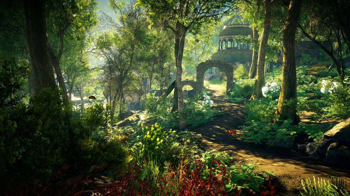 Painter Eastshade 遊戲的螢幕截圖顯示了鬱鬱蔥蔥的景觀、廢墟和建築物