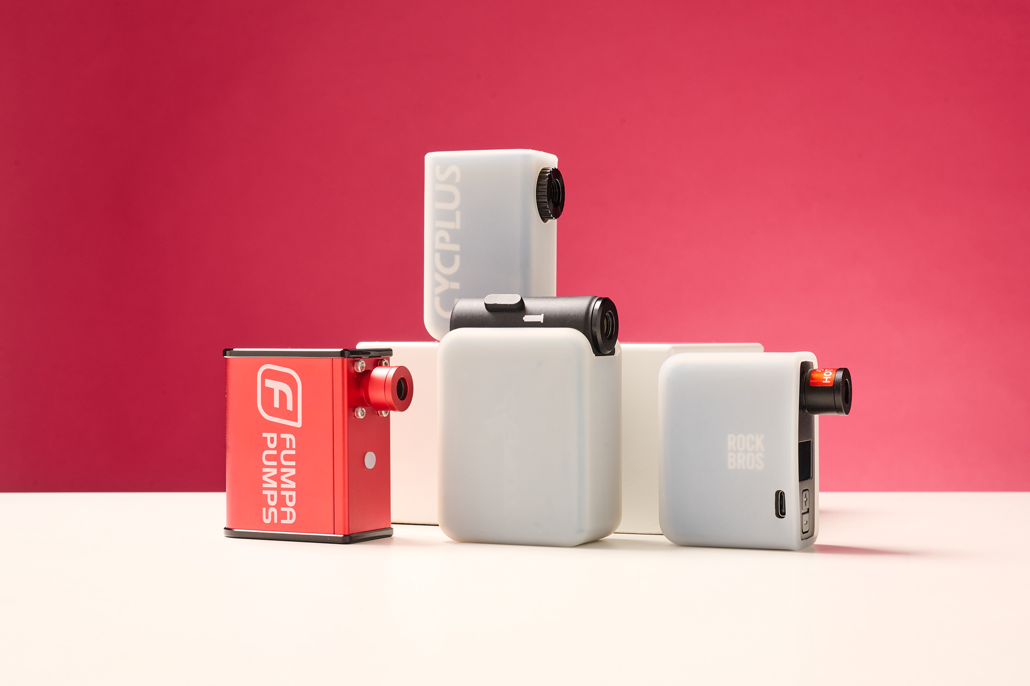 Four of the best electric bike pumps, the 'Mini' category, featuring Fumba, Topeak, Cycplus and RockBros.