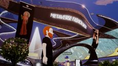 A digital world with the view of an avatar with red hair and a beard outside a modern-looking building with banner that reads Metaverse Fashion Week 