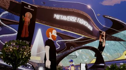 A digital world with the view of an avatar with red hair and a beard outside a modern-looking building with banner that reads Metaverse Fashion Week 