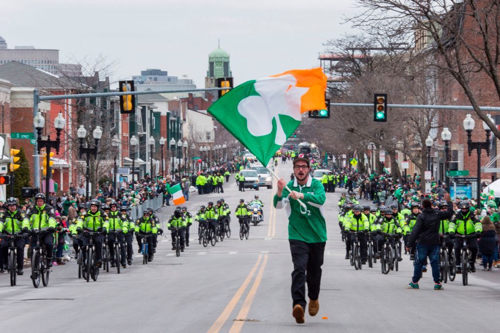 A file photo showing Boston&amp;#039;s St. Patrick&amp;#039;s Day parade in 2017.