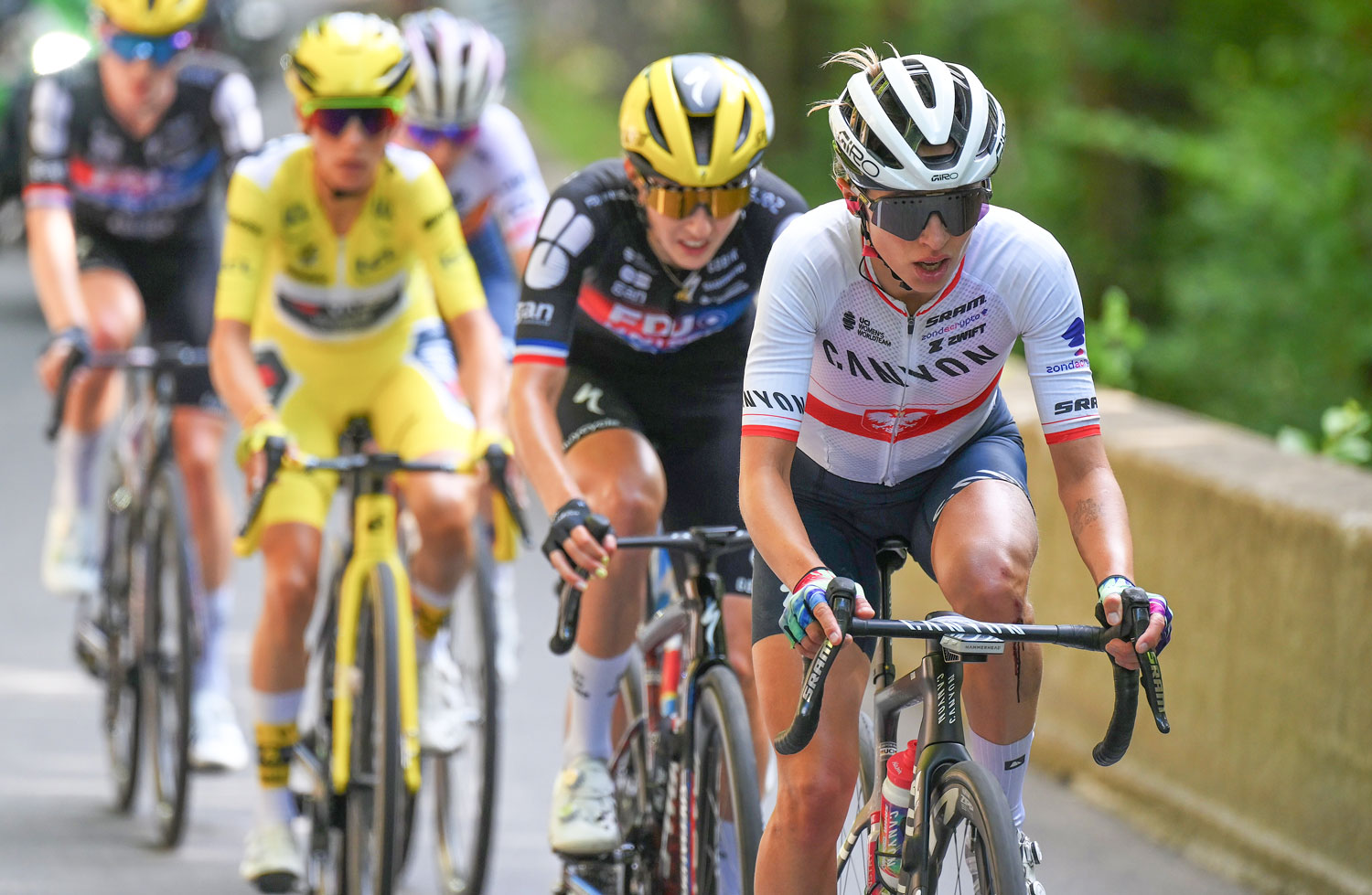 CHATEL LES PORTES DU SOLEIL, FRANCE - AUGUST 03: Katarzyna Niewiadoma of Poland and Team CANYON//SRAM zondacrypto competes in the breakaway during the 4th Tour de France Femmes 2025, Stage 9 a 124.1km stage from Praz-sur-Arly to Chatel Les Portes du Soleilon 1298m / #UCIWWT / August 03, 2025 in Chatel Les Portes du Soleil, France. (Photo by Tim de Waele/Getty Images)