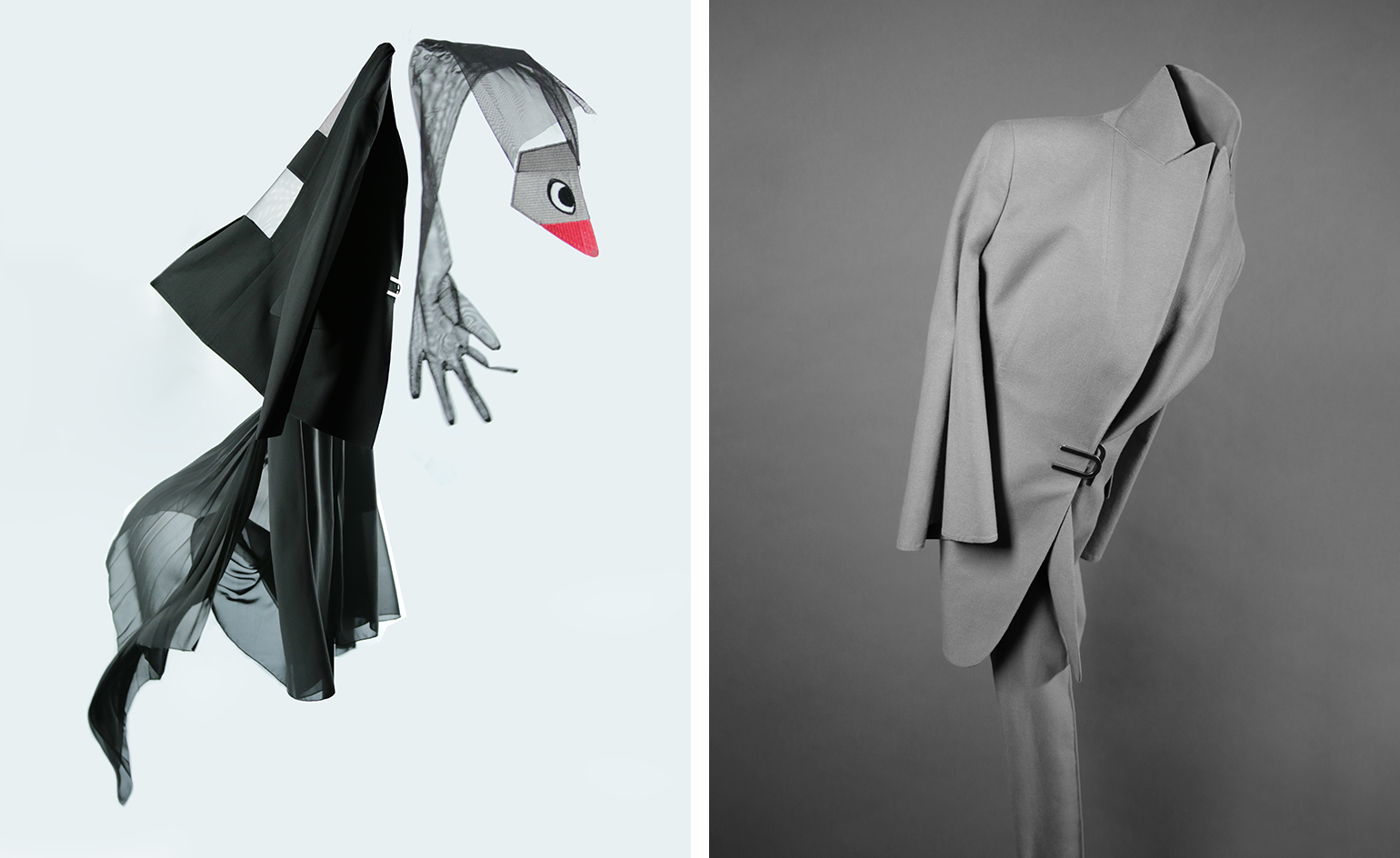 Black jacket, silk skirt and beige jacket and trousers by Akris in collaboration with Geta Bratescu