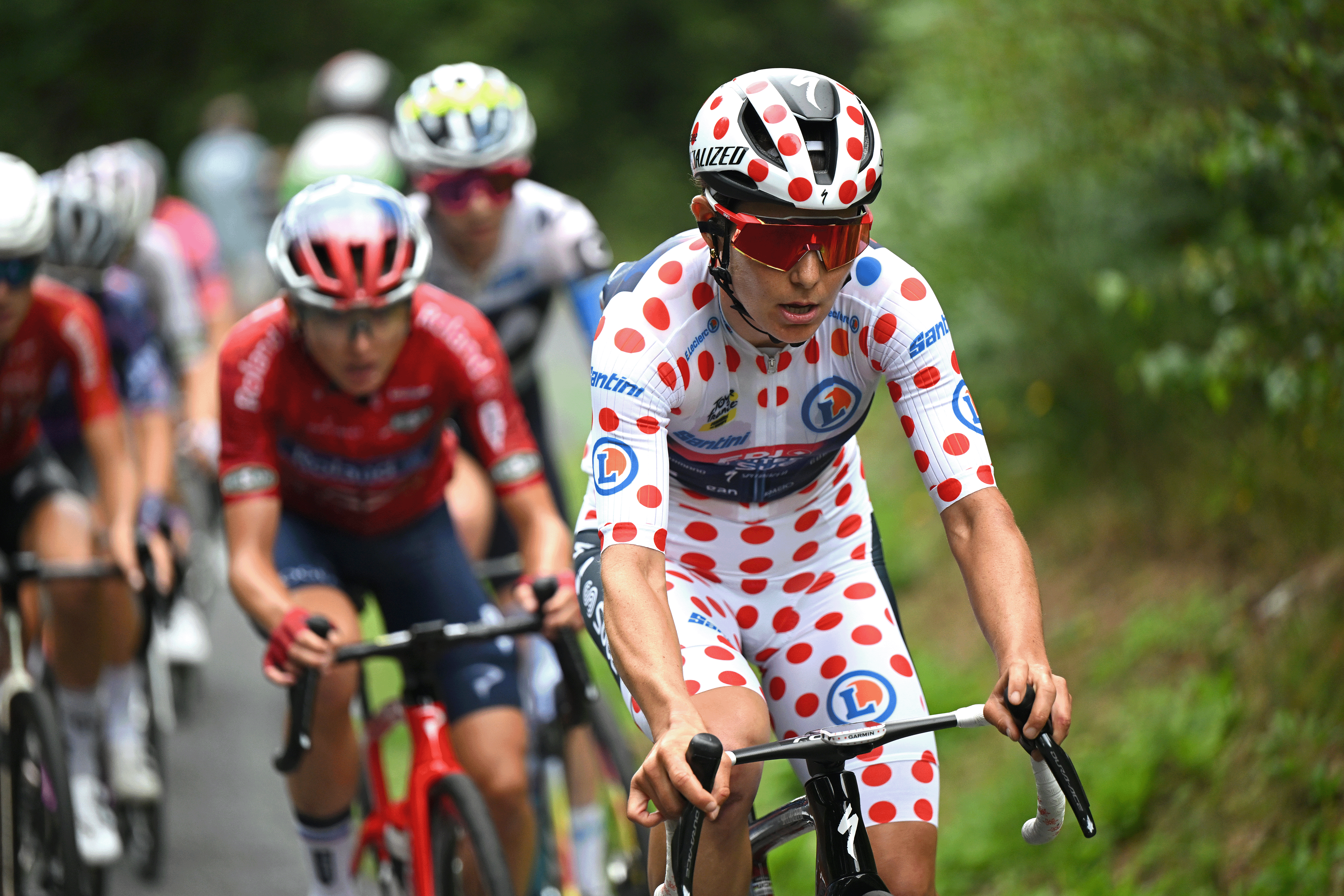AMBERT, FRANCE - JULY 31: Elise Chabbey of Switzerland and Team FDJ - SUEZ - Polka Dot Mountain Jersey competes in the breakaway during the 4th Tour de France Femmes 2025, Stage 6 /a 123.7km stage from Clermont-Ferrand to Ambert #UCIWWT / on July 31, 2025 in Ambert, France. (Photo by Szymon Gruchalski/Getty Images)