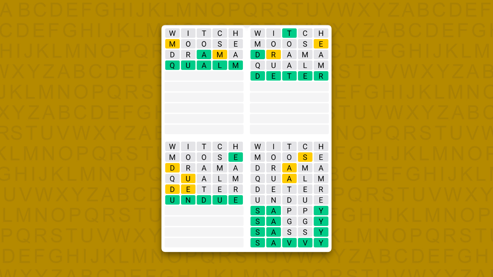 Quordle Daily Sequence answers for game 1716 on a yellow background
