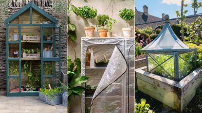 a trio of greenhouses in different gardens