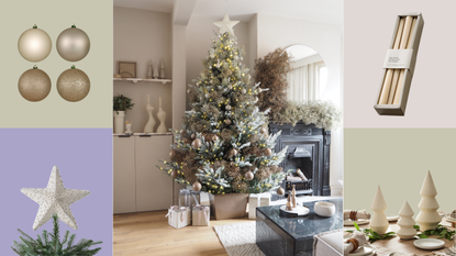 a styled Christmas tree in a living room with two products showcased either side for shopping the look