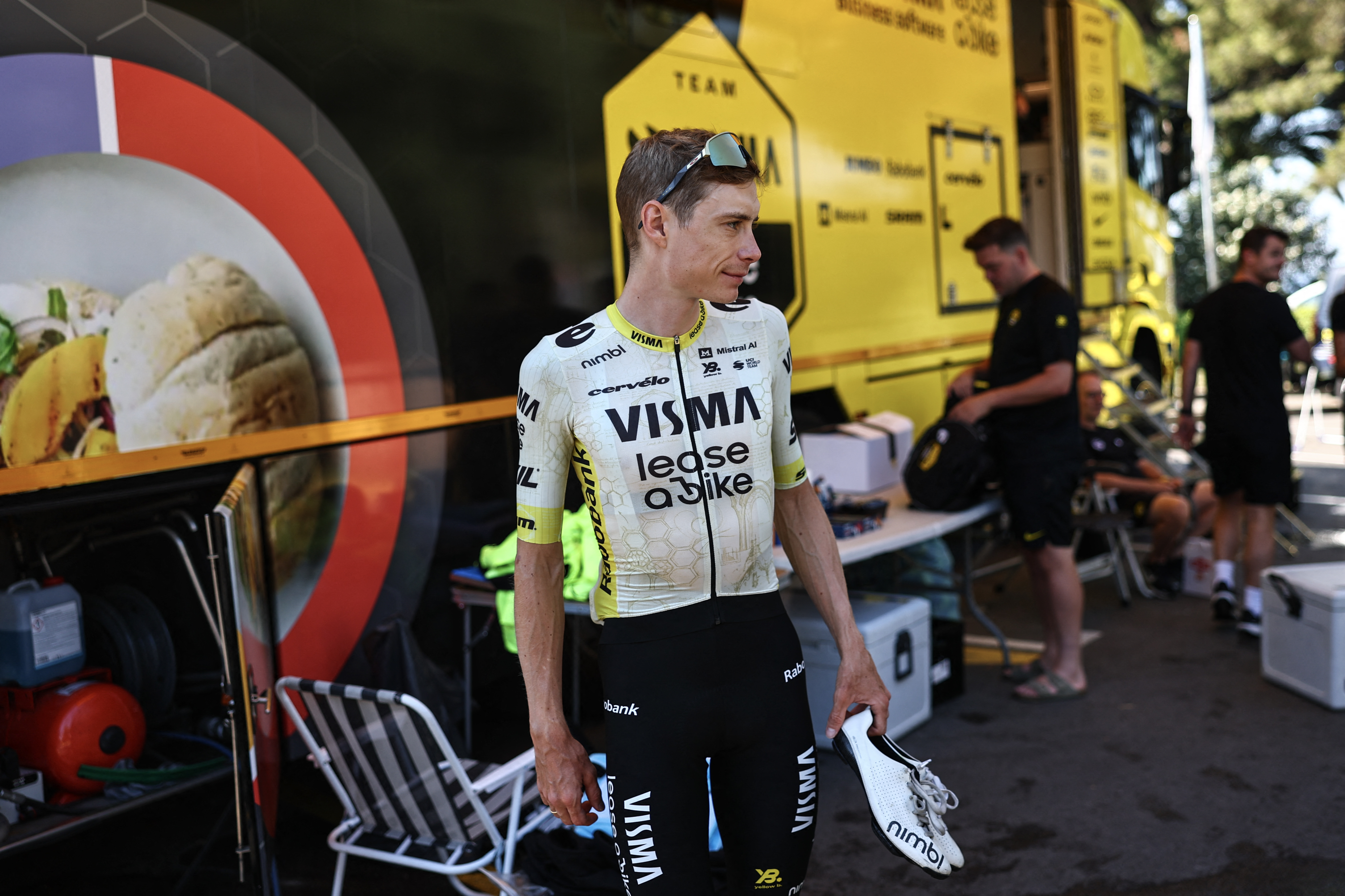 Jonas Vingegaard prepares to take part in a team training session two days prior to the start of the 113th edition of the Tour de France(Photo by Anne-Christine POUJOULAT / AFP)