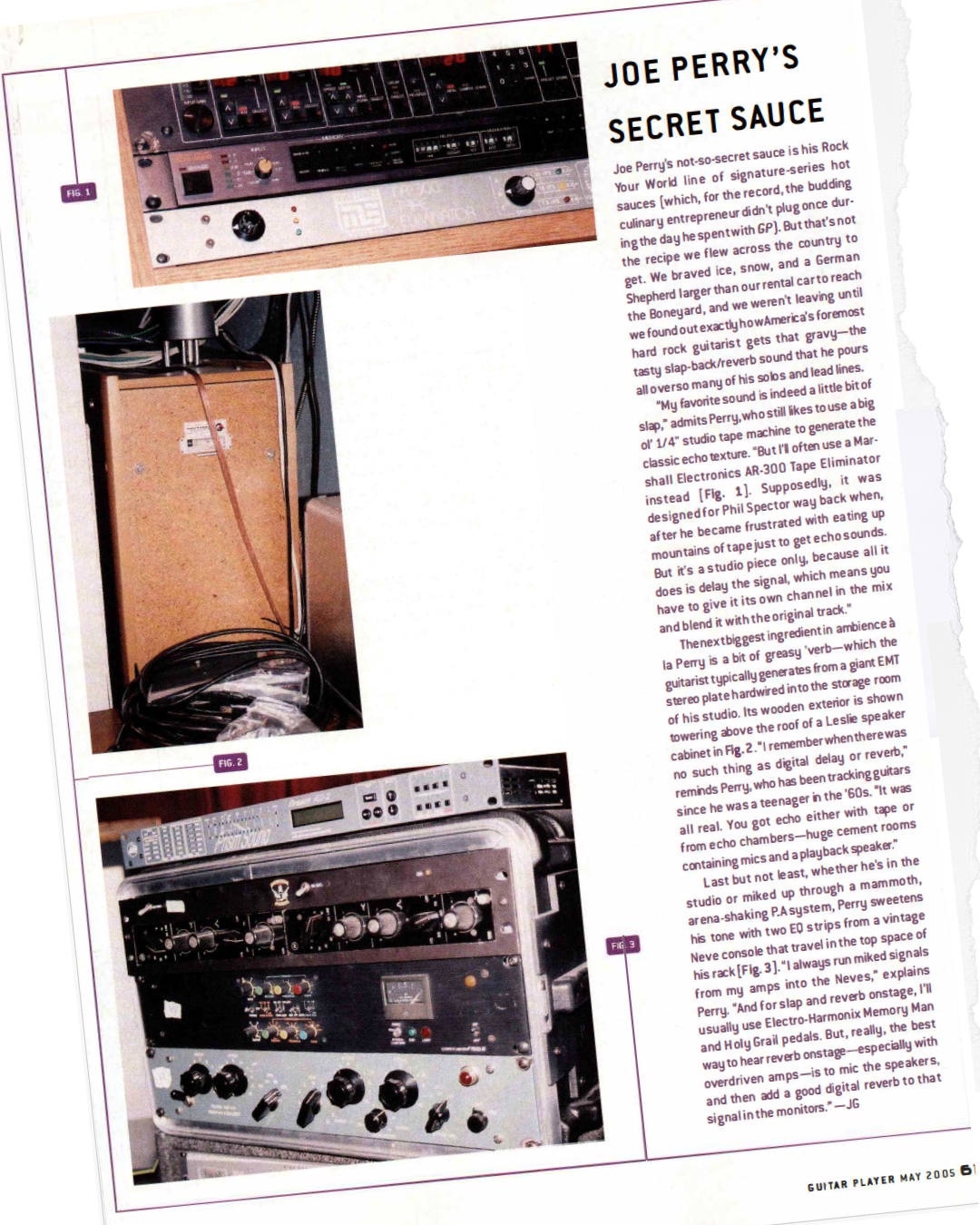 A page from the May 2005 edition showing Joe Perry's amps and rack units