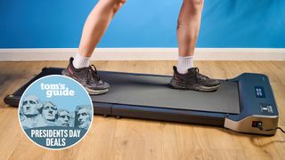 person walking on the walkingpad z1 with a presidents' day deals badge