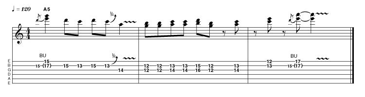 We begin this lick with a crunchy oblique bend - one note remains stationary whilst another moves. In bars 2 and 3 we're mixing things up, with some diatonic thirds and chord tones, ending on yet another oblique double-stop bend in a higher register.