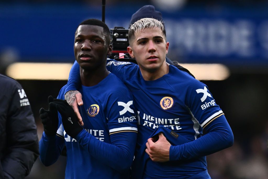 Double-pivot midfield, Moises Caicedo and Enzo Fernandez of Chelsea during the Premier League match between Chelsea FC and Fulham FC at Stamford Bridge on January 13, 2024 in London, England. 