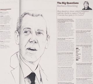 This spread from the Voices section of the Saturday edition features an illustration of Jeff Koons by Lauren Crow.