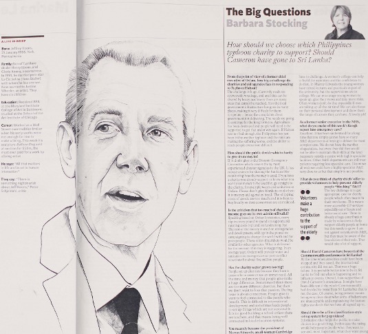 This spread from the Voices section of the Saturday edition features an illustration of Jeff Koons by Lauren Crow.