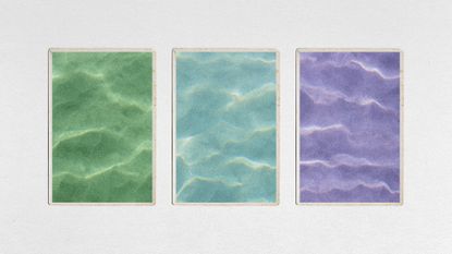 Photo collage of sea waves tinted green, blue, and purple.