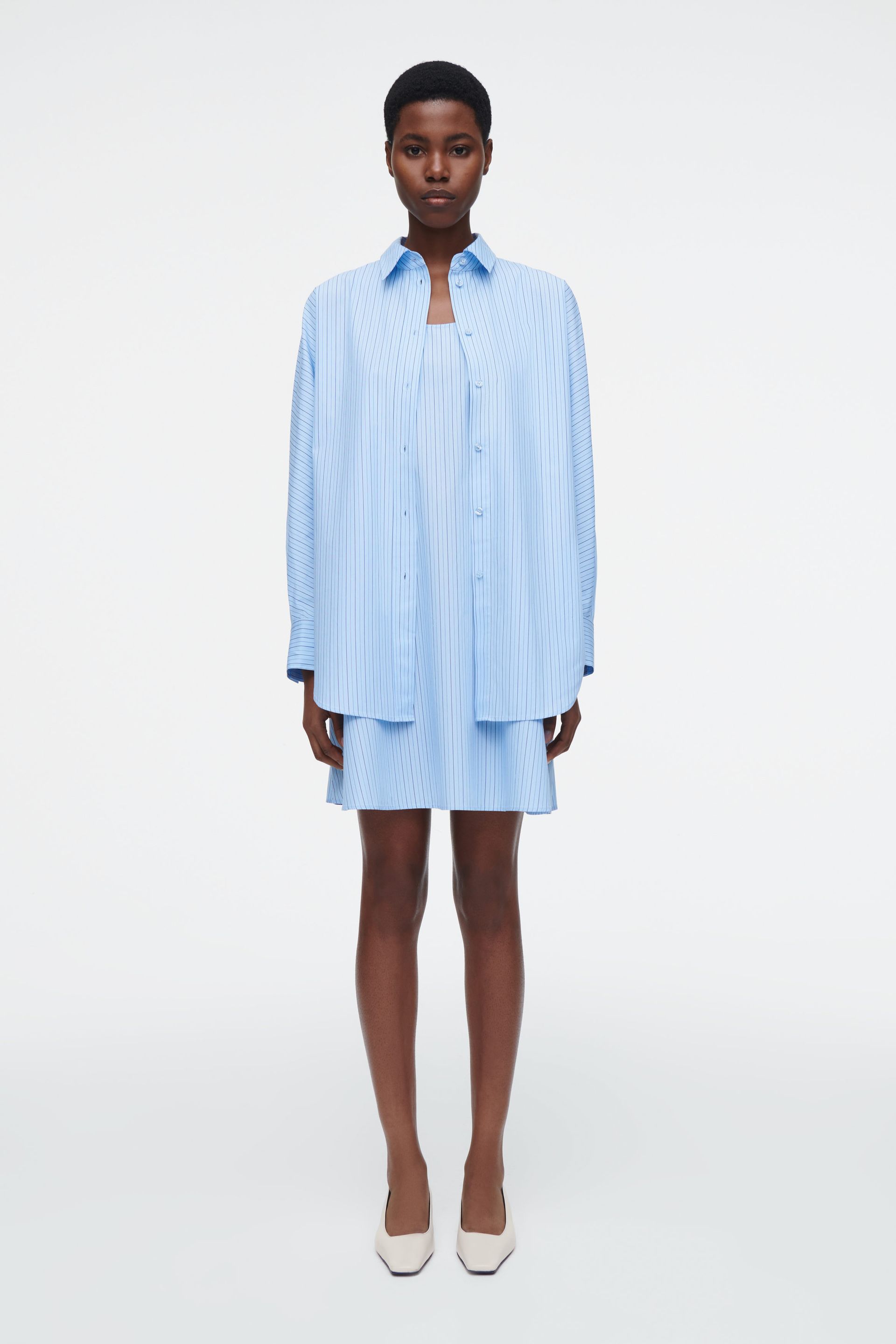 Layered Striped Trapeze Shirt Dress