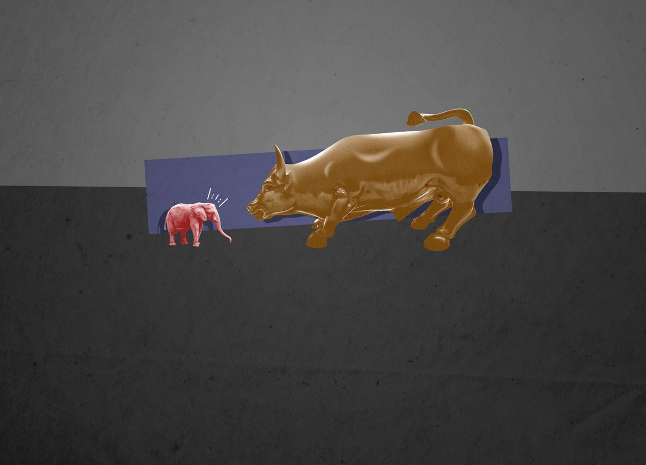 An elephant and the Wall Street bull.