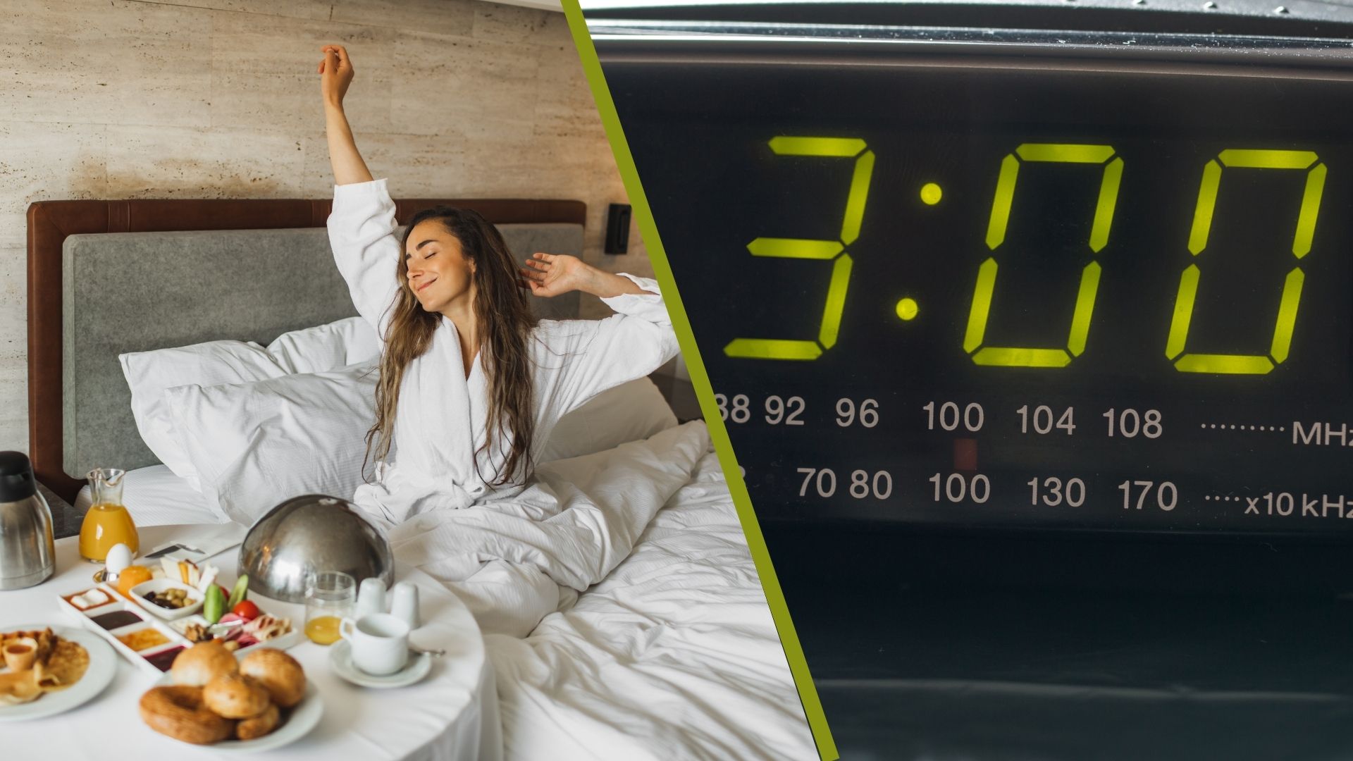 A woman stretches as she wakes up to a hearty breakfast after sleeping through the night. Next to this picture, there is an image of a digital clock displaying the time of 3am.  