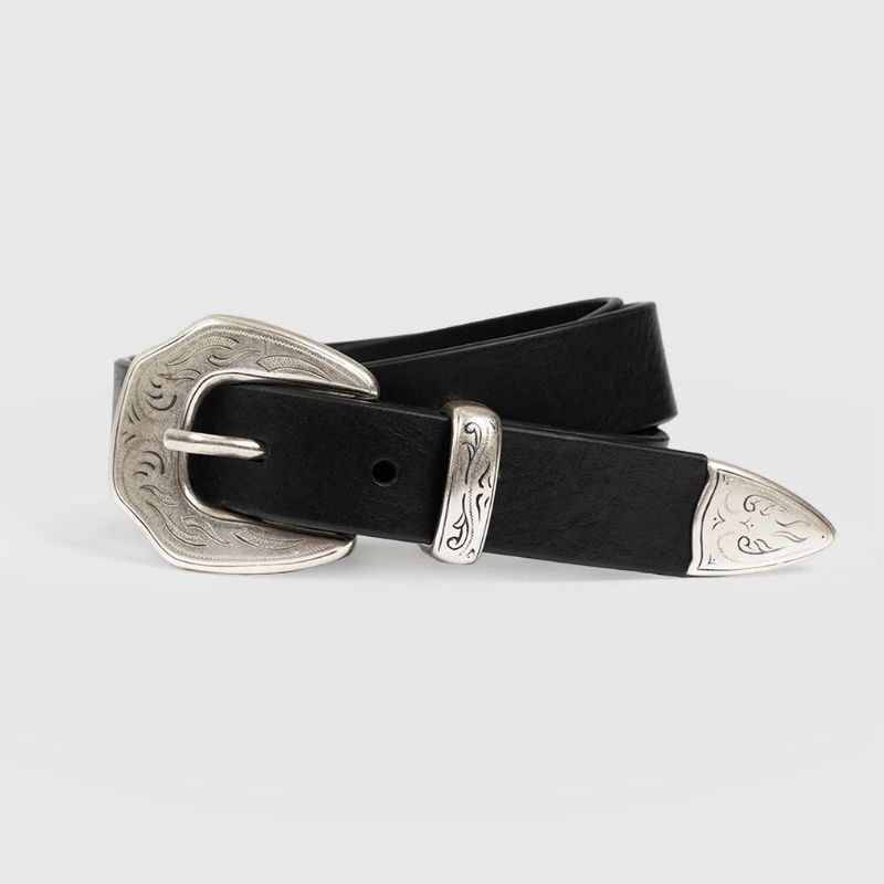 Black western belt with silver buckle and tip