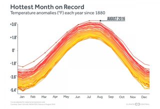 The record-hot months of 2016 clearly stand out against the past 137 years.