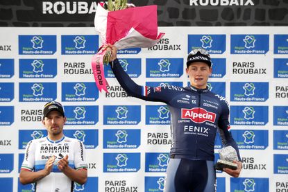 Mathieu van der Poel on the 2021 Paris-Roubaix podium after finishing third
