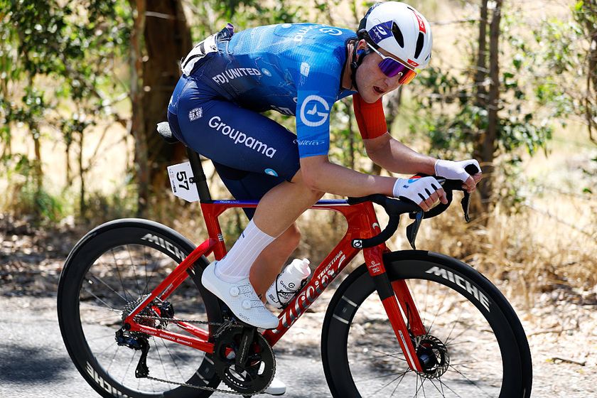 NAIRNE, AUSTRALIA - JANUARY 23: Enzo Paleni of France and Team Groupama - FDJ United competes in the breakaway during the 26th Santos Tour Down Under 2026, Stage 3 a 140.8km stage from Henley Beach to Nairne / #UCIWT / on January 23, 2026 in Nairne, Australia. (Photo by Con Chronis/Getty Images)