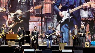 (L-R) Roger McGuinn, Jakob Dylan of The Wallflowers and Eric Clapton perform onstage during Day 1 of Eric Clapton's Crossroads Guitar Festival at Crypto.com Arena on September 23, 2023 in Los Angeles, California