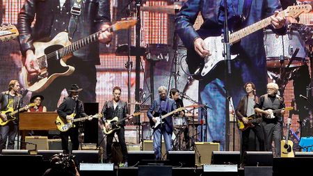(L-R) Roger McGuinn, Jakob Dylan of The Wallflowers and Eric Clapton perform onstage during Day 1 of Eric Clapton's Crossroads Guitar Festival at Crypto.com Arena on September 23, 2023 in Los Angeles, California