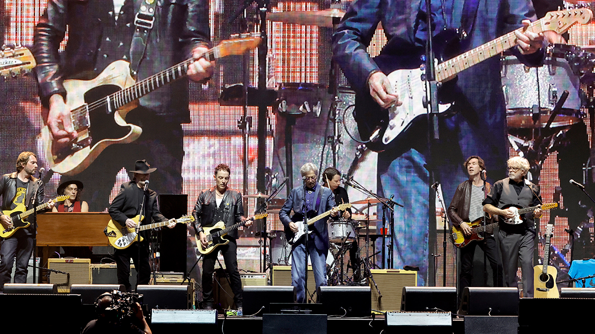 (L-R) Roger McGuinn, Jakob Dylan of The Wallflowers and Eric Clapton perform onstage during Day 1 of Eric Clapton's Crossroads Guitar Festival at Crypto.com Arena in Los Angeles, California on September 23, 2023