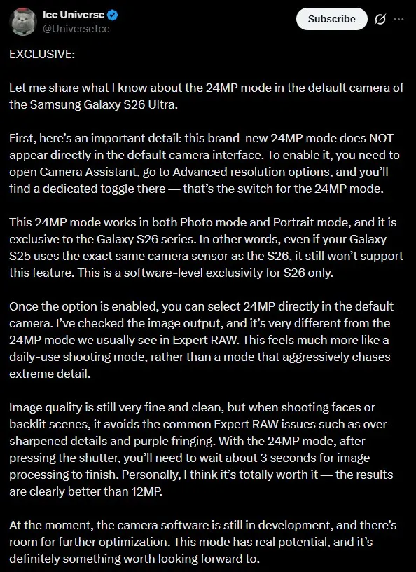 Samsung Galaxy S26 Ultra rumor Tweet