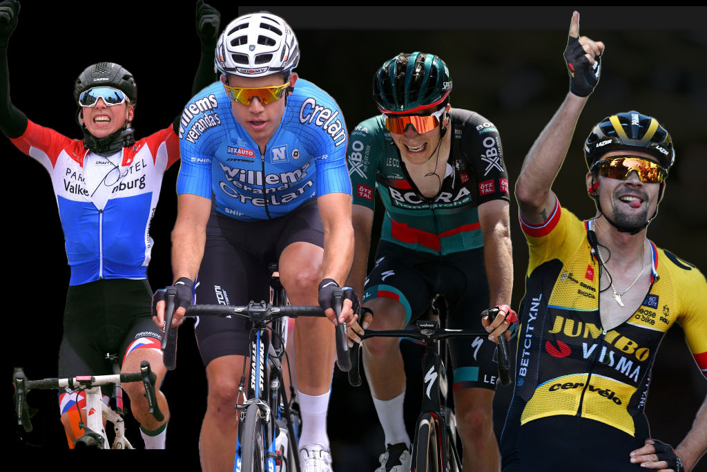 Composite image showing Lorena Wiebes, Wout van Aert, Cian Uijtdebroeks and Primoz Roglic