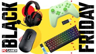 The HyperX Cloud Alpha Wireless, GameSir Nova Lite, Turtle Beach Burst II Air, and Gamakay x NaughShark NS68 on a yellow Black Friday background