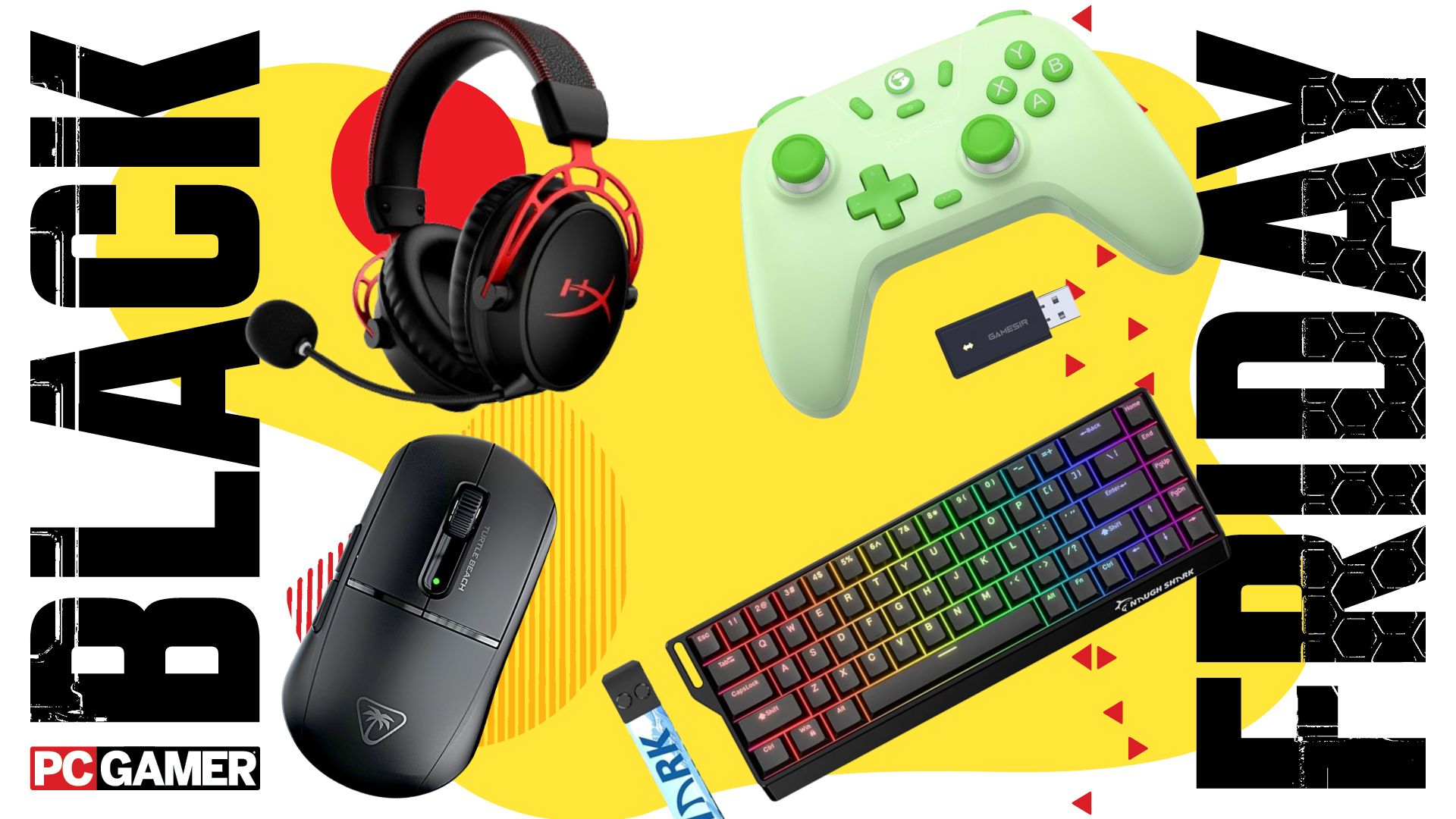 The HyperX Cloud Alpha Wireless, GameSir Nova Lite, Turtle Beach Burst II Air, and Gamakay x NaughShark NS68 on a yellow Black Friday background