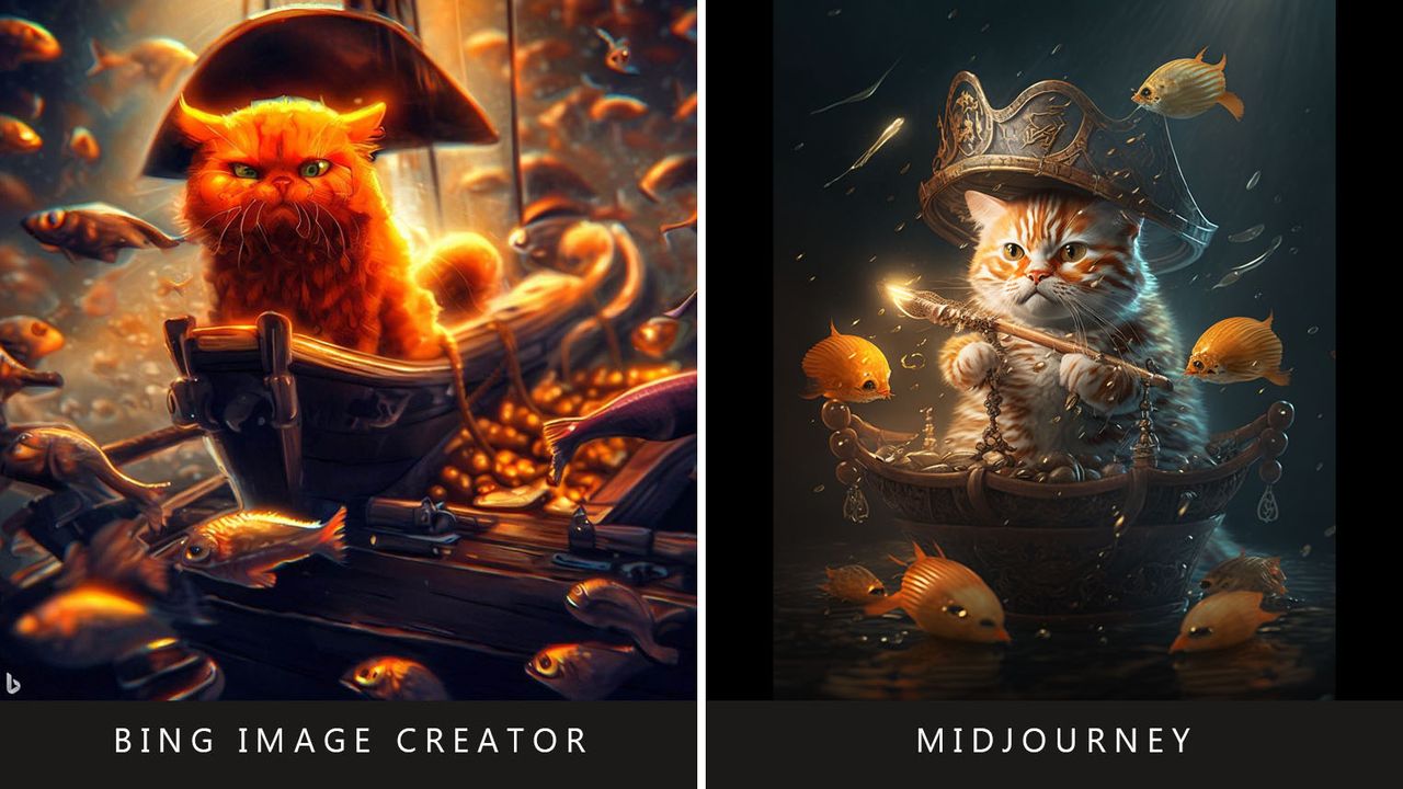 Bing Image Creator vs Midjourney: Cat pirate prompt.