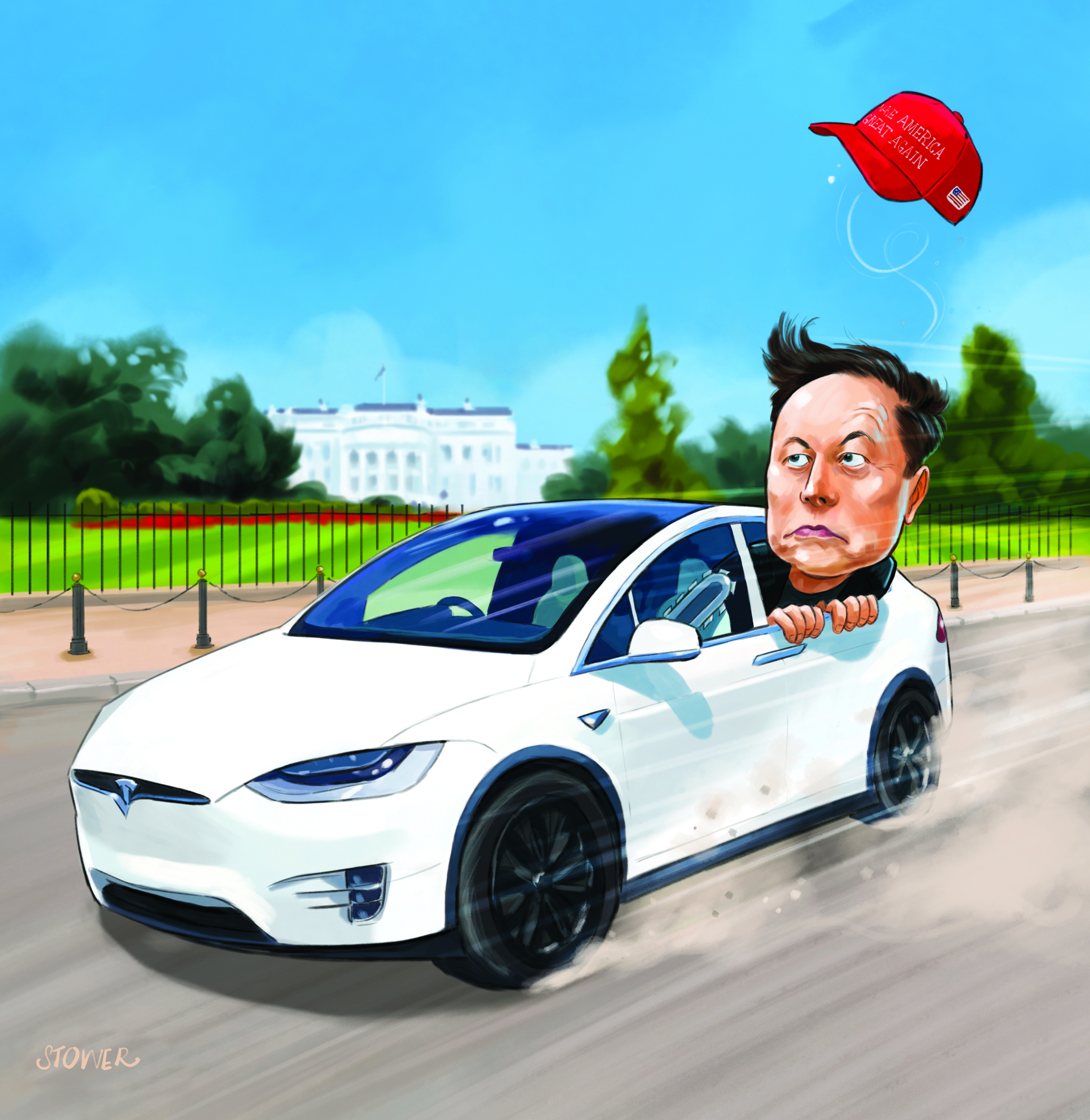 A caricature of a self-driving Tesla driving past the White House with Elon Musk leaning out of the rear window