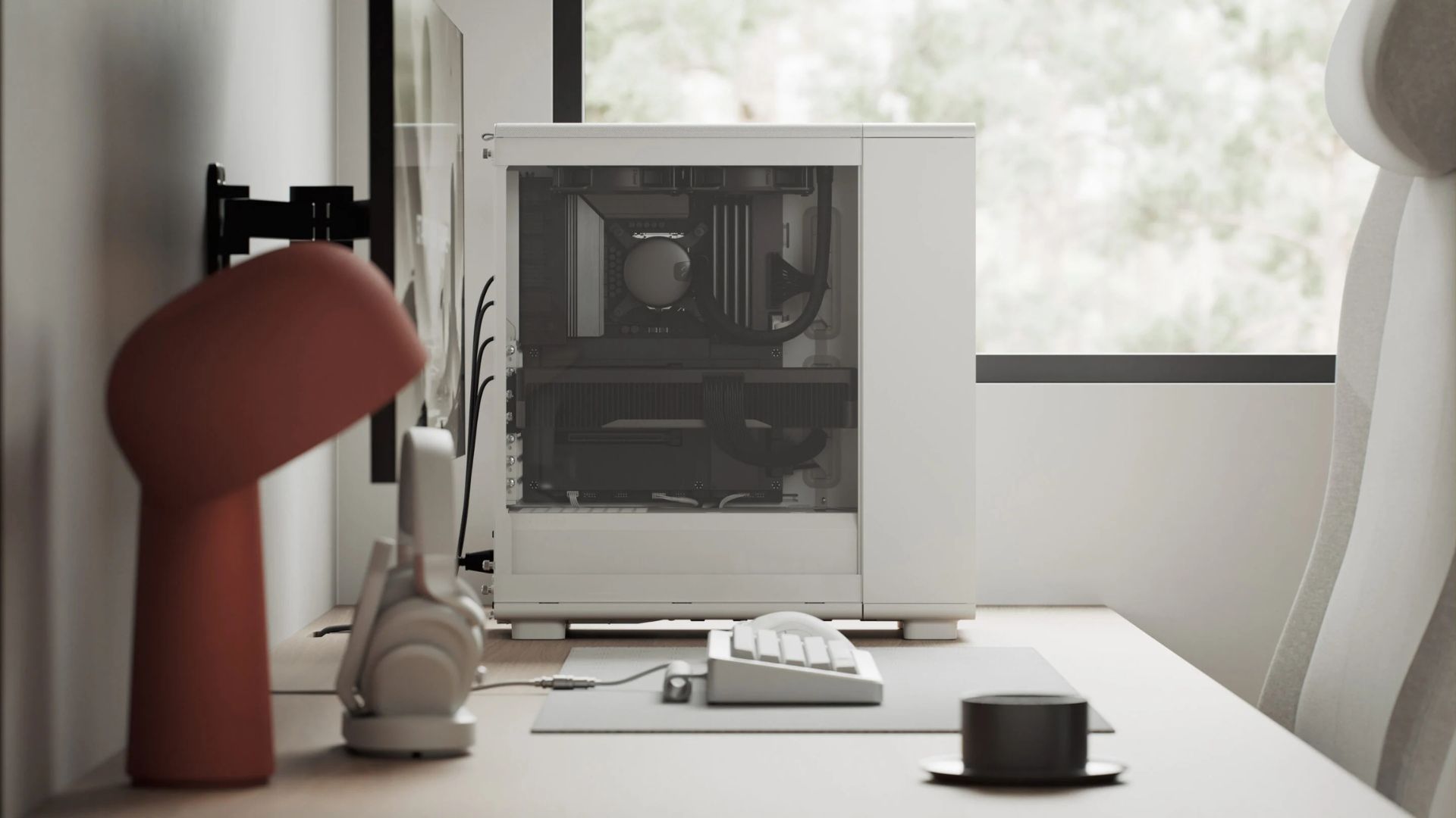 A marketing image of the white Fractal Epoch case on a desk