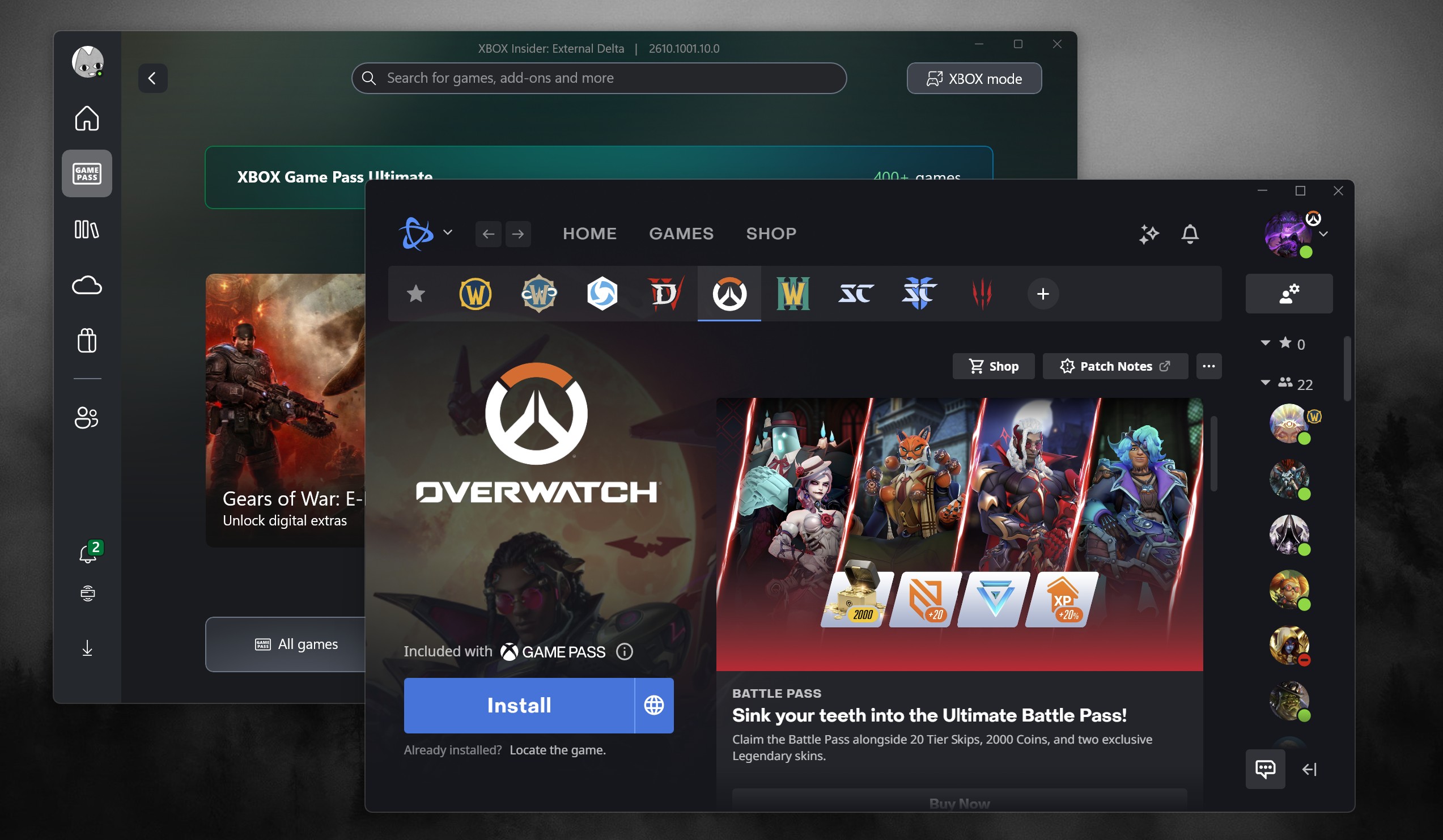 Xbox PC app and Battle.net side by side