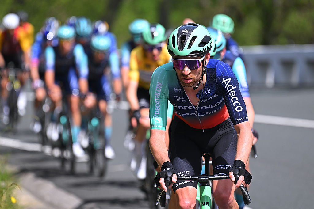 EIBAR, SPAIN - APRIL 10: Aurelien Paret-Peintre of France and Team Decathlon CMA CGM competes during the 65th Itzulia Basque Country 2026, Stage 5 a 176.2km stage from Eibar to Eibar / #UCIWT / on April 10, 2026 in Eibar, Spain. (Photo by Tim de Waele/Getty Images)