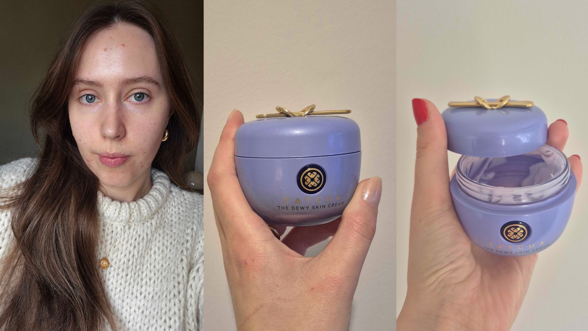 On the left, a picture of Naomi Jamieson with no makeup on, in the middle a picture of Naomi holding the Dewy Skin Cream, on the right Dewy Skin Cream open