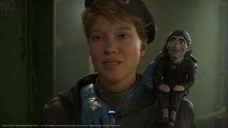 A living puppet sits on Fragile's shoulder in a Death Stranding 2 PS5 screenshot