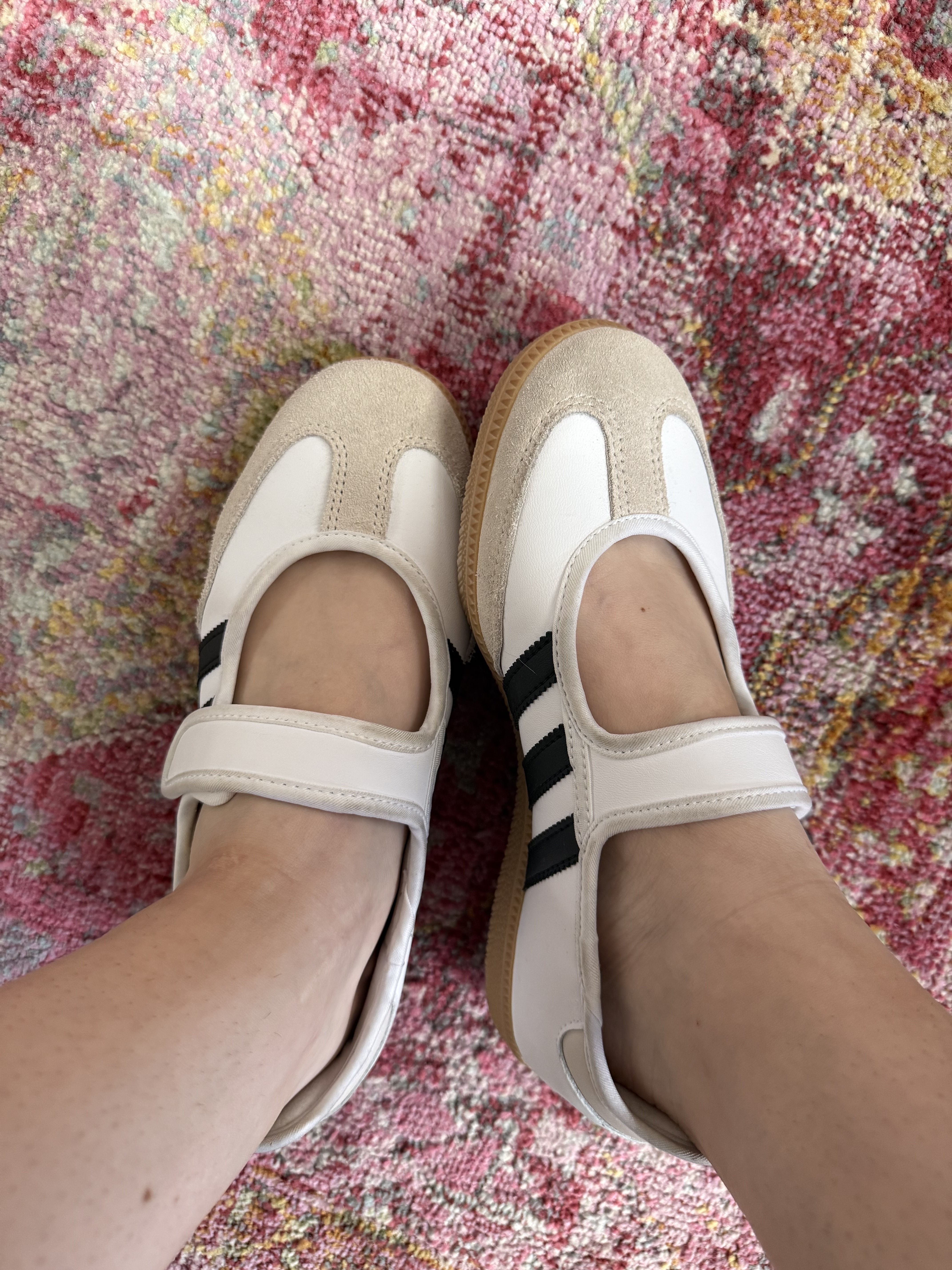 adidas mary jane sambas on pink patterned rug