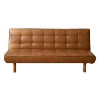 A brown-hued leather-look sleeper sofa on a white background.