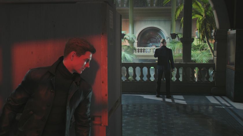 Bond peeks around a corner at a guard in 007 First Light