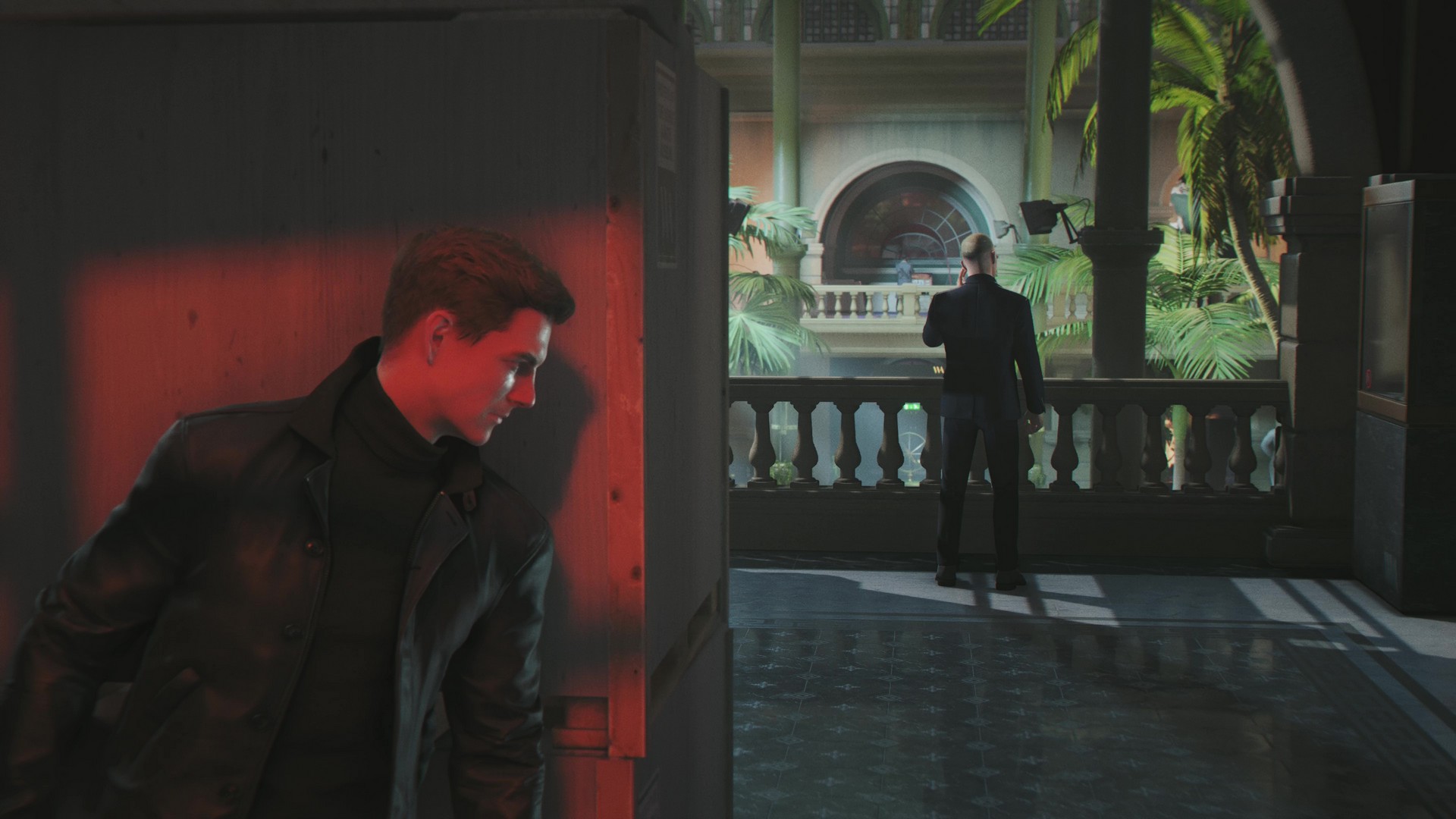 Bond peeks around a corner at a guard in 007 First Light