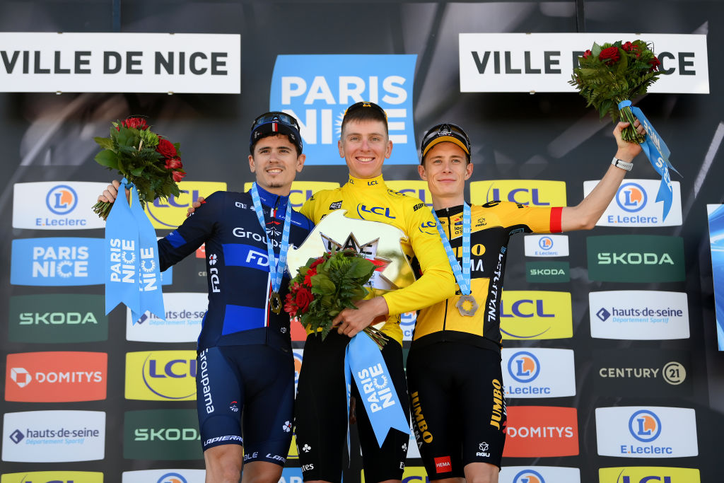 NICE FRANCE MARCH 12 LR David Gaudu of France and Team Groupama FDJ on second place race winner Tadej Pogacar of Slovenia and UAE Team Emirates and Jonas Vingegaard of Denmark and Team JumboVisma on third place pose on the podium ceremony after the 81st Paris Nice 2023 Stage 8 a 1184km stage from Nice to Nice UCIWT ParisNice on March 12 2023 in Nice France Photo by Alex BroadwayGetty Images