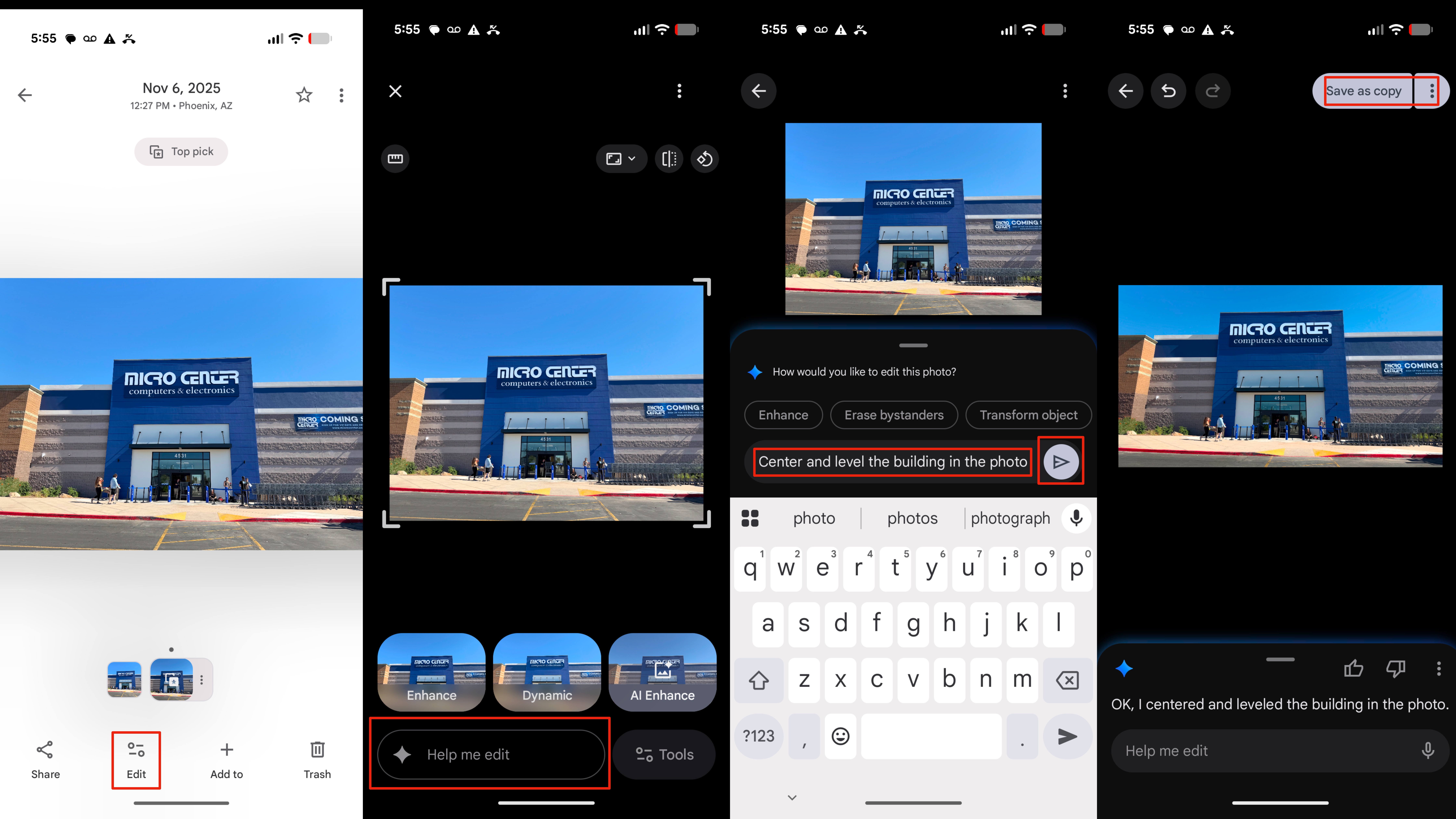 The steps for using Ask Photos to edit a photo.